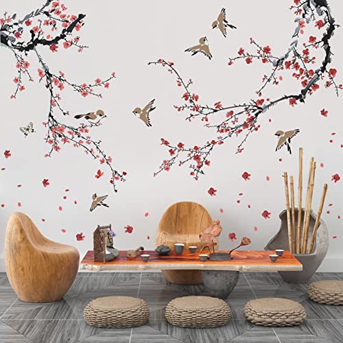 Rw-4919 Creative Red Flowers Wall Decals Plum Blossom Black Tree Branches Wall Stickers Diy Removable Chinese Style Cherry Floral Birds Butterfly Wall Decor For Kids Girls Bedroom Living Room Nursery #TOP3