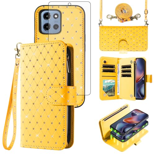 Asuwish Phone Case for Motorola Moto G 5G 2025 Zipper Wallet Detachable Magnetic Cell Cover with Screen Protector Crossbody Lanyard Strap Glitter Card Holder Slots G5G 5 G G5 Women Girls Yellow