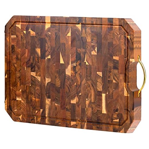 End Grain Cutting Board, Extra Large Acacia Wood Cutting Board for Kitchen, Super Thick Wood Cutting Board with Metal Handle & Juice Grooves & Non-slip Mats, 20*14*6/5in Wooden Chopping Board Block