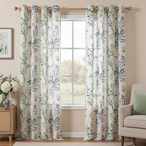 Image of MYSKY HOME Floor to Ceiling Linen Floral Curtains 95 Inch Length 2 Panels Semi Sheer Light Filtering Farmhouse Leaf Printed Window Grommet Drapes for Dining Room, 52 inch W Each Panel, Green