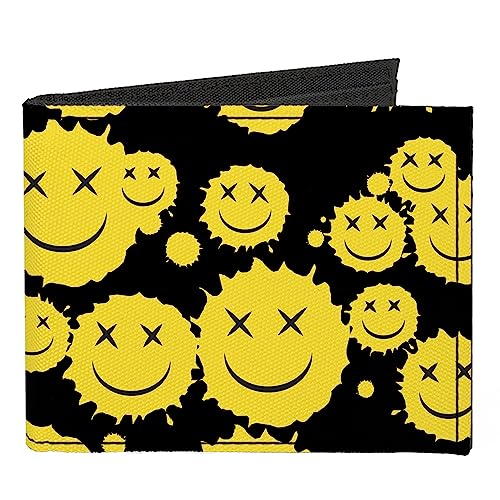 Buckle-Down Wallet, Bifold, Smiley Face Splatter Scattered Black Yellow, Canvas
