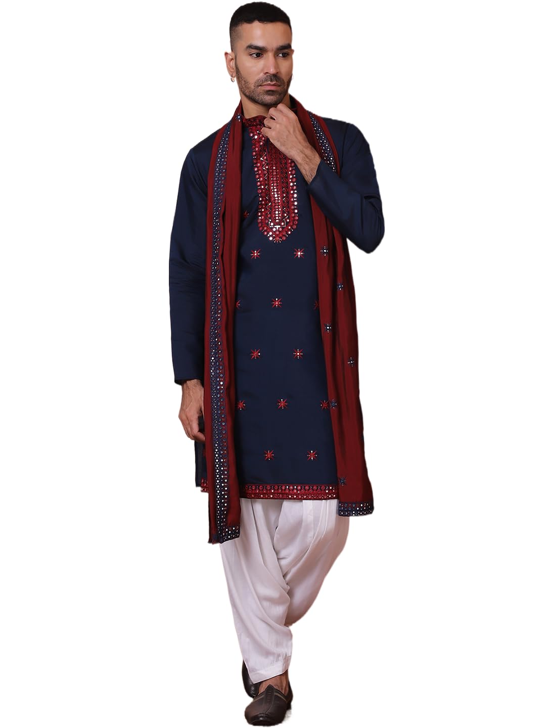 jompers Men's Embroidered Silk Blend Kurta Salwar and Dupatta Set for Men-picture-28