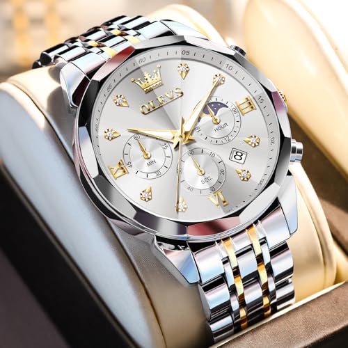 Image of OLEVS Watches for Men Stainless Steel Dress Men Watch with Date Big Face Chronograph Waterproof Luxury Fashion Watch Blue /Black /Gold /Green /Silver Face Relojes para Hombres