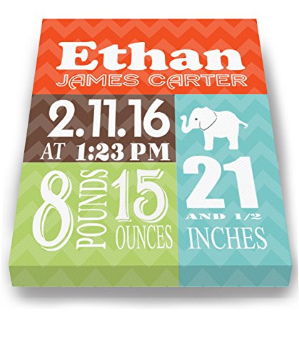 Personalized Stretched Canvas Birth Announcement Gift, Custom Baby Name, Date, Weight Stats, Newborn Elephant Nursery Wall Art Decor, Wooden Frame Construction, Ready to Hang 24X30