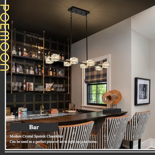 Image of Black Gold Crystal Chandelier Modern 8-Light Sputnik Ceiling Pendant Lights L 31.5 inch Industrial Adjustable Hanging Light Fixture for Dining Room Kitchen Island Living Room Bar Over Table
