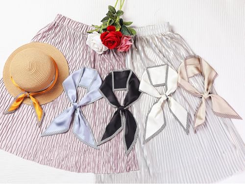 Women Houndstooth Skinny Long Scarves, Satin Silky Ribbon Hair Band Neckerchief Neck Scarf 6