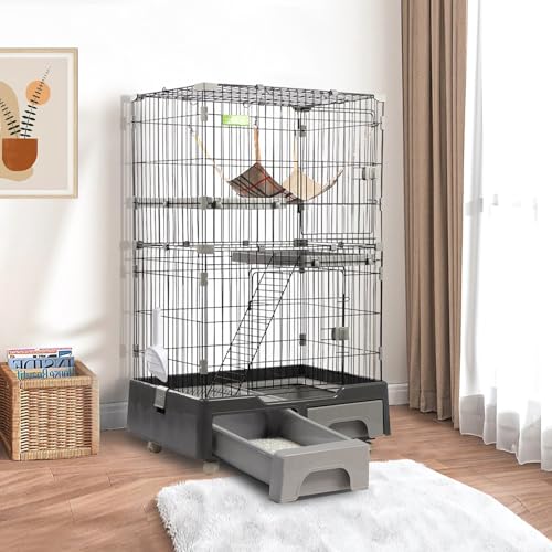 JPJieAnXin キャットケージ 3段 多機能 猫用トイレ付き 引き出し ハンモック はしご キャスター 脱走防止扉 多頭飼い対応 簡単組立 日本語説明書付き(131*56*82cm) (グレー, 三段)