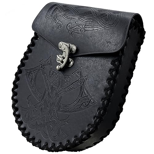 Viking Embossed Belt Bag,Black Medieval Faux Leather Side Pack,Vintage Portable Belt Pouch,Renaissance Coin Bag for LARP Ren Faire