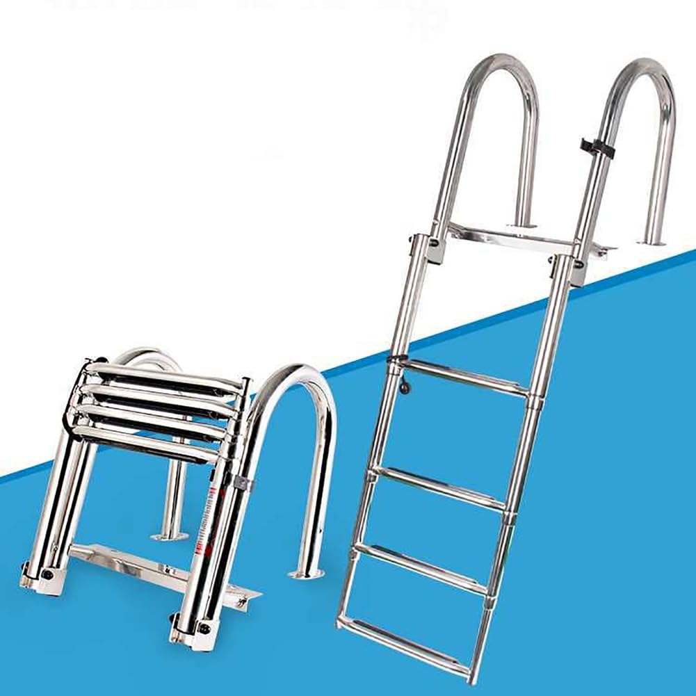 JXYQ Telescoping Marine Boat Ladder, 4 Step Folding Stainless Steel Boarding Ladder Rear Entry, Non-Slip Heavy Duty Swim Deck Ladder for Boat