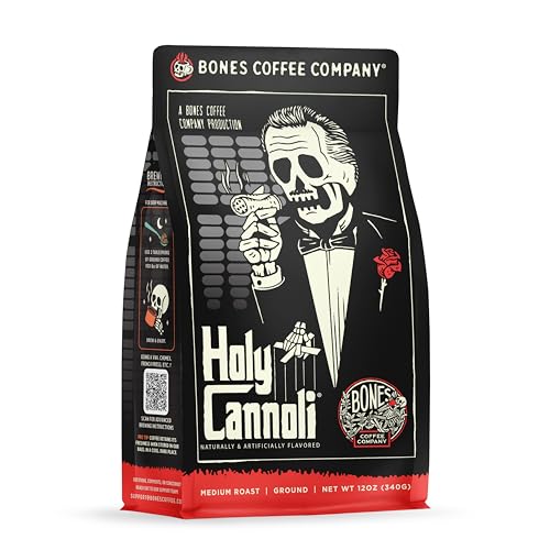 Bones Coffee Company Holy Cannoli, Baked Cannoli Flavored Coffee, Medium Roast Low Acid Arabica Beans Compatible with Auto drip and French Press Coffee Maker, 12 Oz Ground