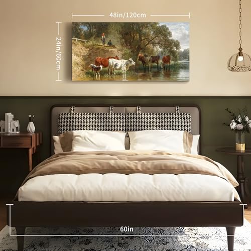 SERIMINO Large Wall Art for Living Room, Riverside Animal Landscape Vintage Wall Decor, Herding Cattle Pastoral Canvas Painting, Retro Cow Pictures Home Decor for Bedroom Kitchen, 24x48 Inch