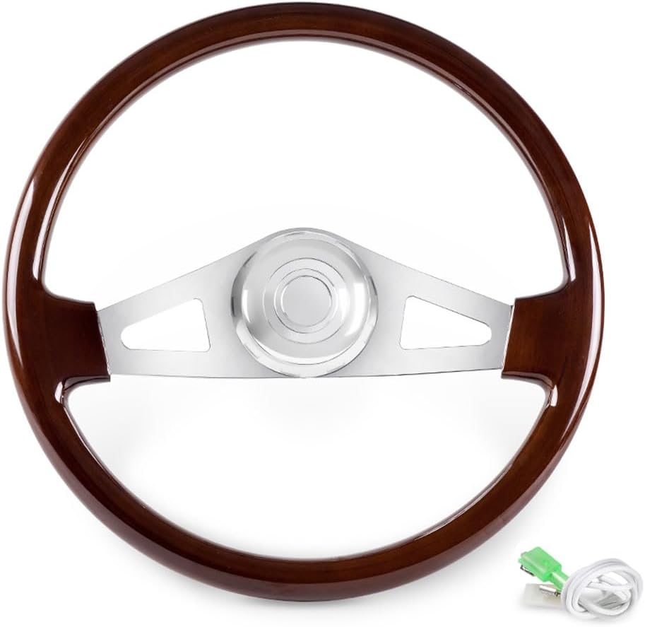 RASTP 18" Wood Truck Steering Wheel?2 Spoke Aluminum Classic Wood Steering Wheel For Kenworth, Peterbilt, Volvo,Freightliner(Style E)