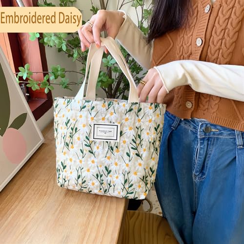 2PCS Small Tote Bag for Women Mini Canvas Embroidered Daisy Book Tote Bag Cute Corduroy Aesthetic Floral Reusable Bags for Grocery, Essentials, Water Bottle, Keys, Book, Bible3