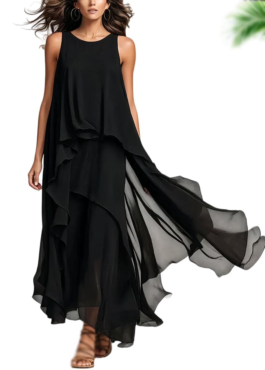 Maxivestido de chifón para Mujer: Estilo Casual, sin Mangas, con Capas escalonadas, caída fluida y Dobladillo asimétrico; Cuello Redondo.