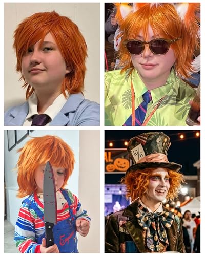 Image of Rose bud Anime Halloween Dark Orange Wig for Cosplay Party Synthetic Layered Short Hair Wigs with Bangs Pastel Funny Wigs for Women Men