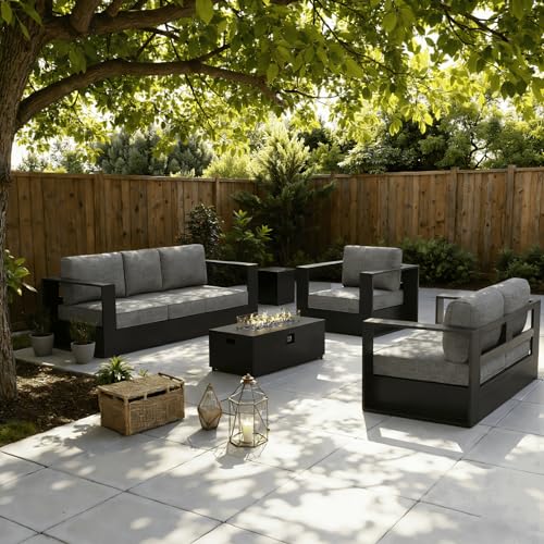 Image of LayinSun Oversized Aluminum Outdoor Furniture Set, 4 Piece Patio Sofa Sets with Fire Pit Table, Deep Seating and Upgraded 6-inch Cushions for Porch, Balcony, Deck
