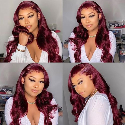 Remy Hair 99J Burgundy Bundles With Closure Human Hair Body Wave Wine Red Human Hair Bundles With 4X4 Lace Closure Pre Plucked Free Part 10A Brazilian Raw Remy Virgin Hair Extensions (16 18 20+C14 Free Part) #TOP5