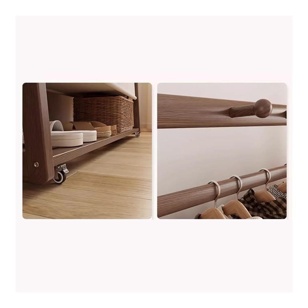 Massivholzgarderobe mit Rollen, mobiles Aufbewahrungsregal für Eingangsbereich und Schlafzimmer, Hängeorganizer mit Stofftasche, höhenverstellbar, Walnussholz-Finish, kleine Größe