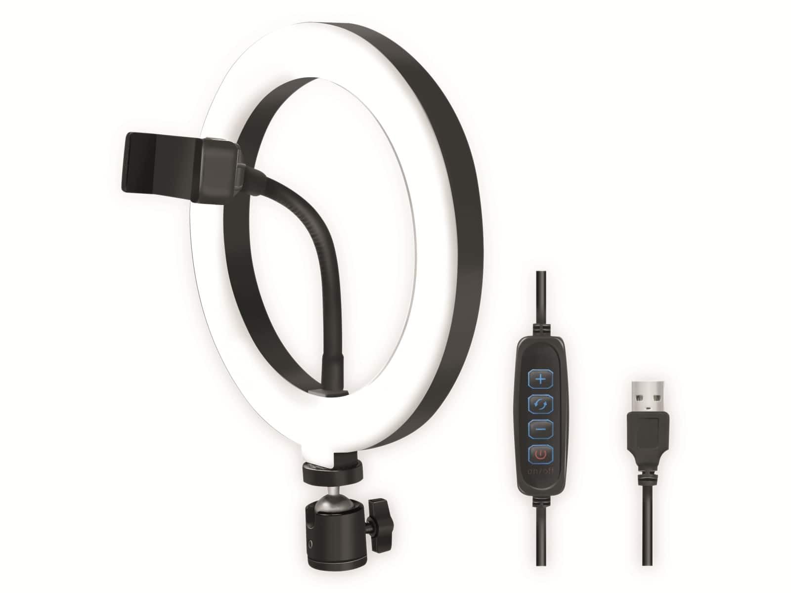 LogiLink AA0151 - lampa pierścieniowa LED (Ø 20 cm) z uchwytem na smartfon, 3 tryby kolorów (naturalny, ciepły, zimny) i 72 diody LED do profesjonalnych filmów i zdjęć, czarna, 72 diody LED (Ø 20)
