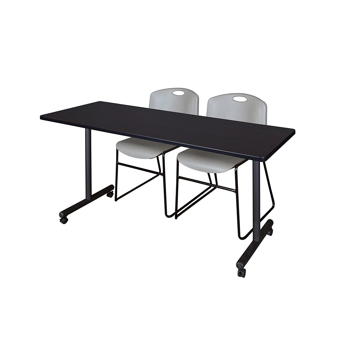 Regency Kobe 66 x 24 in. Mobile T-Base Training Table- Maple, 2 Zeng Stack Chairs- Grey