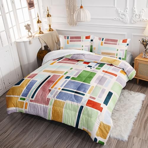 Image of Kids Comforter Set Five Colored Blocks Mosaic Printed Pattern Bedding Set with 1 Comforter and 2 Pillowcases for Girls Boys Bedroom All Season(Mosaic Queen)