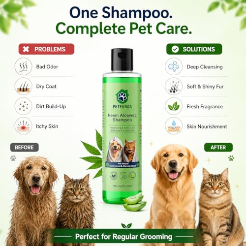 Image of Neem & Aloe Vera Pet Shampoo for Dogs & Cats | Anti Tick & Flea Control | Ayurvedic Paraben-Free Pet Shampoo for Sensitive Skin | Cleans, Moisturises & Controls Odour | 200ml