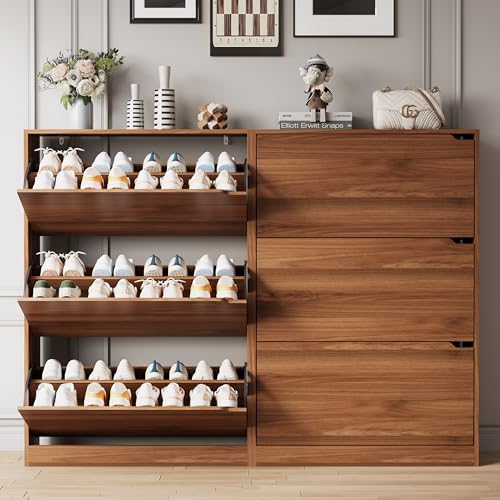 Image of Xixini Shoe Storage Cabinet for Entryway with 3 Flip Drawers, Sturdy Wood Hidden Shoe Storage, Freestanding Narrow Slim Shoe Organizer for Front Door Entrance, Living Room, Hallway, Bedroom, Walnut