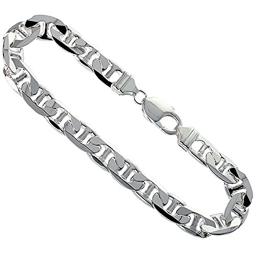 Sterling Silver Flat Mariner Link Chain Bracelet 9.2mm Nickel Free Italy, 8 inch