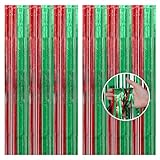 BTZO クリスマス Christmas タッセルカーテン キラキラ フリンジカーテン 2個セット 背景 写真映え 誕生日 パーティー 結婚式 舞台 空間デコレーション バックドロップ ホイルカーテン フォトブース グリーン レッド