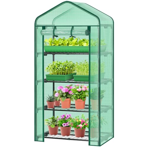 Ohuhu Foliengewächshaus Gewächshaus mit 4 Etagen, Premium Treibhaus mit 4 Regalen 70 x 50 x 158 cm Platzsparend, Gewächshaus Balkon für Sämling Blumen Pflanzen Wachsen, Stabil & Einfach zu Montieren