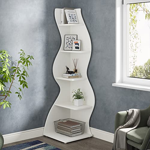 Tribesigns Corner Shelf, Modern 5-Tier Wall Corner Bookshelf, Stylish Corner Small Bookcase Storage Rack Plant Stand with Unique Shape for Living Room, Home Office (White, 1PC) - Image 3