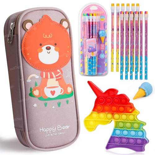 Image of Zest 4 Toyz Cartoon Pencil Case Combo Set with Large Pencil Pouch 12 Pencils with Erasers Rainbow Unicorn Pop It Toy Ideal Gift for Kids Boys and Girls - Multicolor
