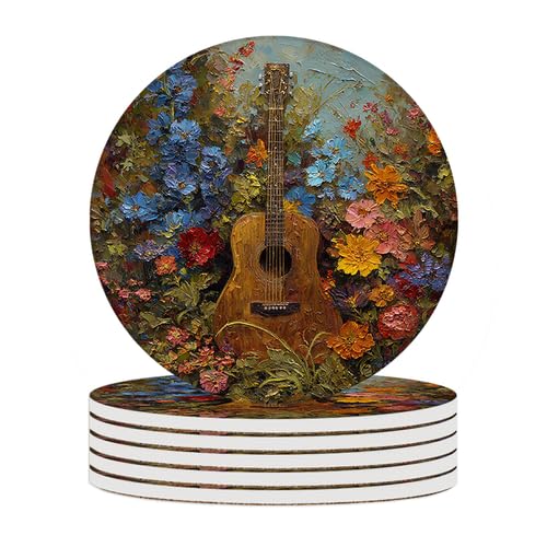 Image of Ceramic Coasters Set of 6 Absorbent Stone Drink Coasters with Holder,Non-Slip Cork Backing,Guitar Coasters for Coffee Table,Desk & Home Decor