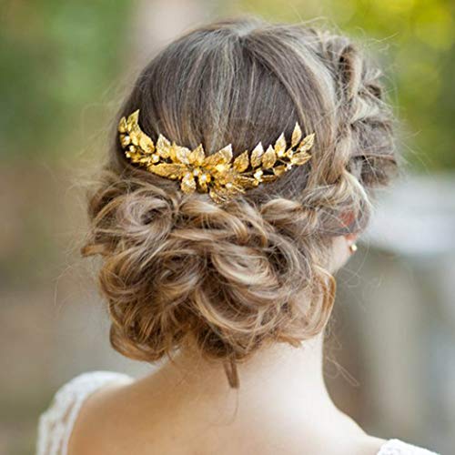 Simsly Peineta para el pelo de novia con hojas doradas, accesorio para...