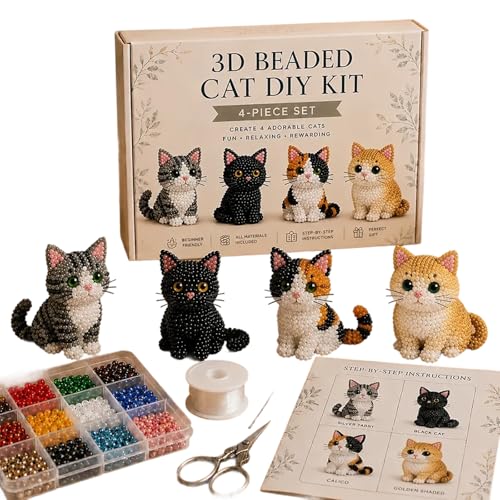 CQSVUJ 3D Beaded Cat DIY Kit Adorable 4-Piece Handmade Cat Craft Set Cute 3D DIY Pets Animal Beading Kit with Instructions Creative Beading Craft Decoration Gifts for Beginners (#3)