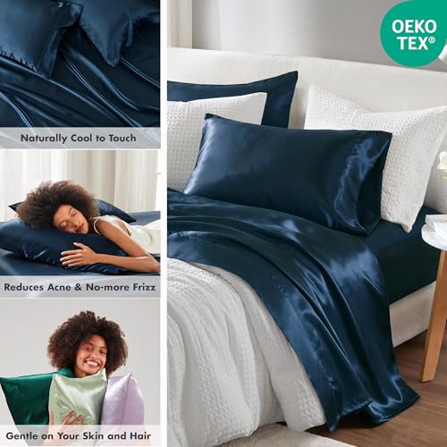 Image of Madison Park Essentials Satin Sheets King Bed Set, 6 Pcs, Midnight Blue | Luxury and Smooth Silky Bedding with Natural Sheen, All Around Elastic 14 inch Pocket fits up to 16 inch Mattress, Year-Round Cozy
