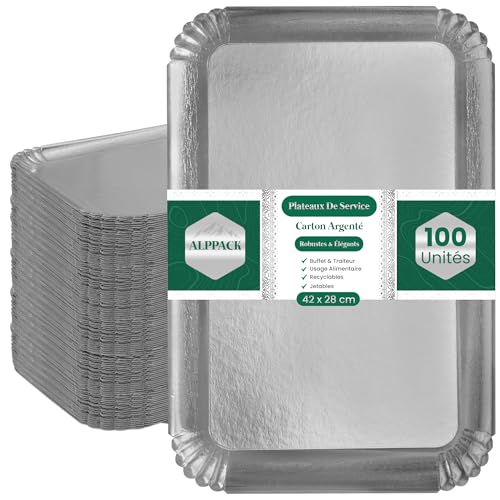 Plateau de Service en Carton Épais Argenté 42 × 28 cm – Lot de 100 Plateaux Traiteur Jetables Professionnels – Présentoir Apéritif Buffet – Plateau...