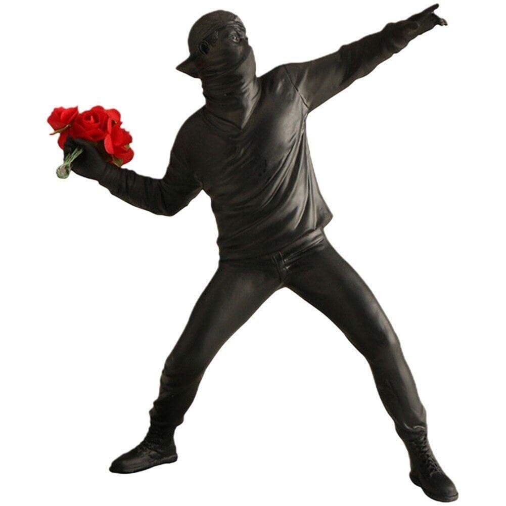 Baokuan Black Sculpture Decoration, Sculptures Banksy Flower Thrower Statue Model Modern Ornaments Figure Stable For Desktop, Table, Living Room, Bedroom