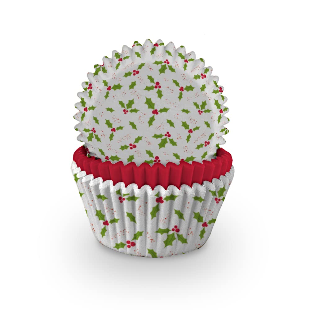 Anniversary House Pack of 75 Christmas Holly Cupcake Cases for Baking, Baking Cups in Heavy Duty Greaseproof Paper, Festive Muffin Cup Cake Cases, Xmas Party Decoration, J116