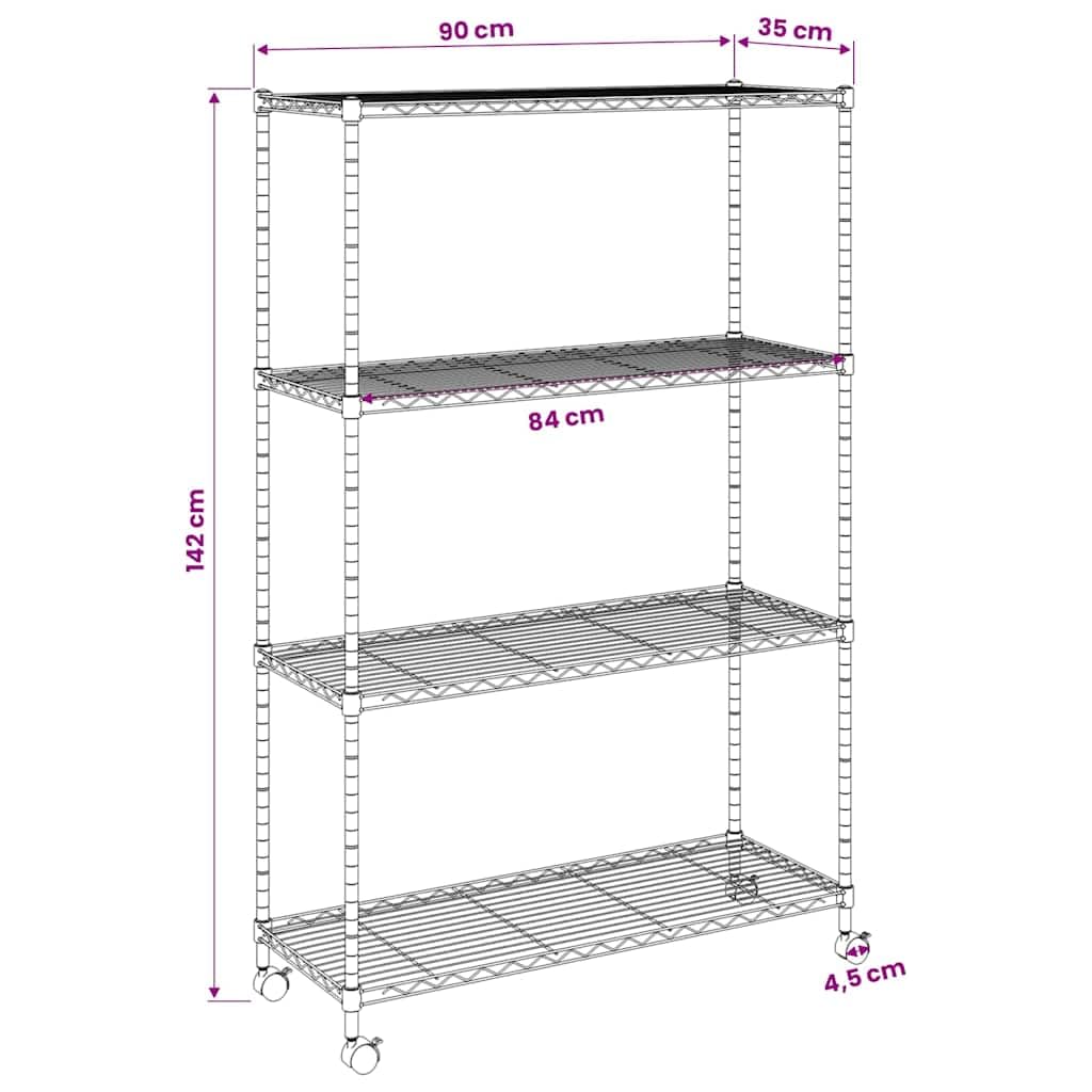 Étagère de Rangement 4 Niveaux et Roues 90x35x142 cm Chrome,Entreprise & Industrie,Stockage Industriel,Étagères industrielles,8.3 kg-324627