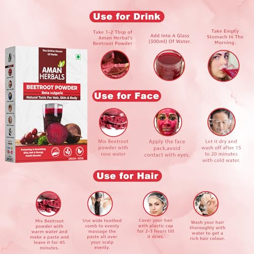 Image of AMAN HERBALS Beetroot Powder, Natural Tonic for Hair, Skin & Body, 100% Pure, Origin - India (150GM)