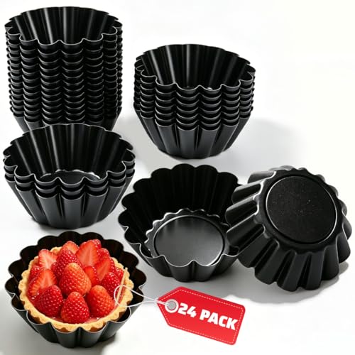 Set 24 Moldes Tartaletas Individuales Antigoteo Acero al Carbono Negro 6,5cm Moldes Mini Quiche Redondos para Horno Freidora Aire Flaneras Pequeñas Repostería Fiestas Canapés Pasteis Nata Sin Fugas