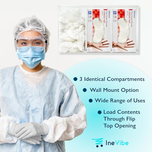 Image of IneVibe Triple Hygiene Holder - 3 Compartment Acrylic Dispenser with Lid for Hairnets, Glove Boxes, Face Masks, Plastic Bags, Tissue Boxes in Home or Medical Setting - Counter or Wall Mount (Triple)