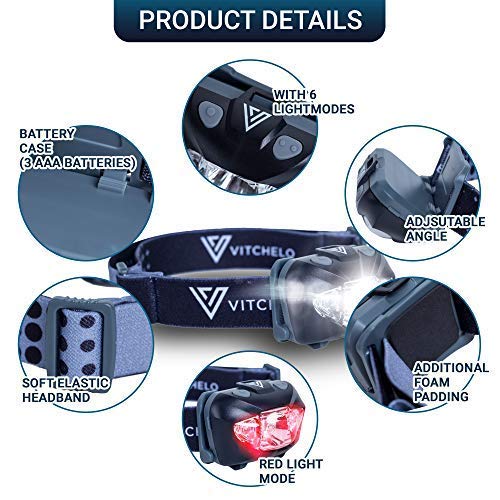 Vitchelo Black Headlamp Flashlight - Red Safety Light - 6 Light Modes - Super Bright Waterproof Adjustable Head Light - 3 AAA Batteries - Running, Jogging, Camping, Hiking, Cycling - Kids, Adults - Thumbnail 2