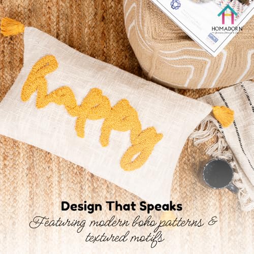 Image of HOMADORN 100% Cotton Text Pattern Handtufted /Embroided Decorative Cushion Cover (12X20 Inches) (2, Happy)