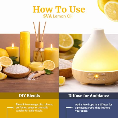 Image of SVA Lemon Essential Oil Organic - 2 Fl Oz - 100% Natural Organic Lemon Oil - for Diffuser, Hair, Face, Skin Care, Aromatherapy, Scalp and Body Massage, Soap and Candle Making - with Dropper