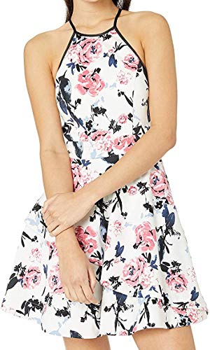 Speechless Women's Junior's Teen Fit & Flare Dress with Layered Skirt, Pink Blue Floral, 11