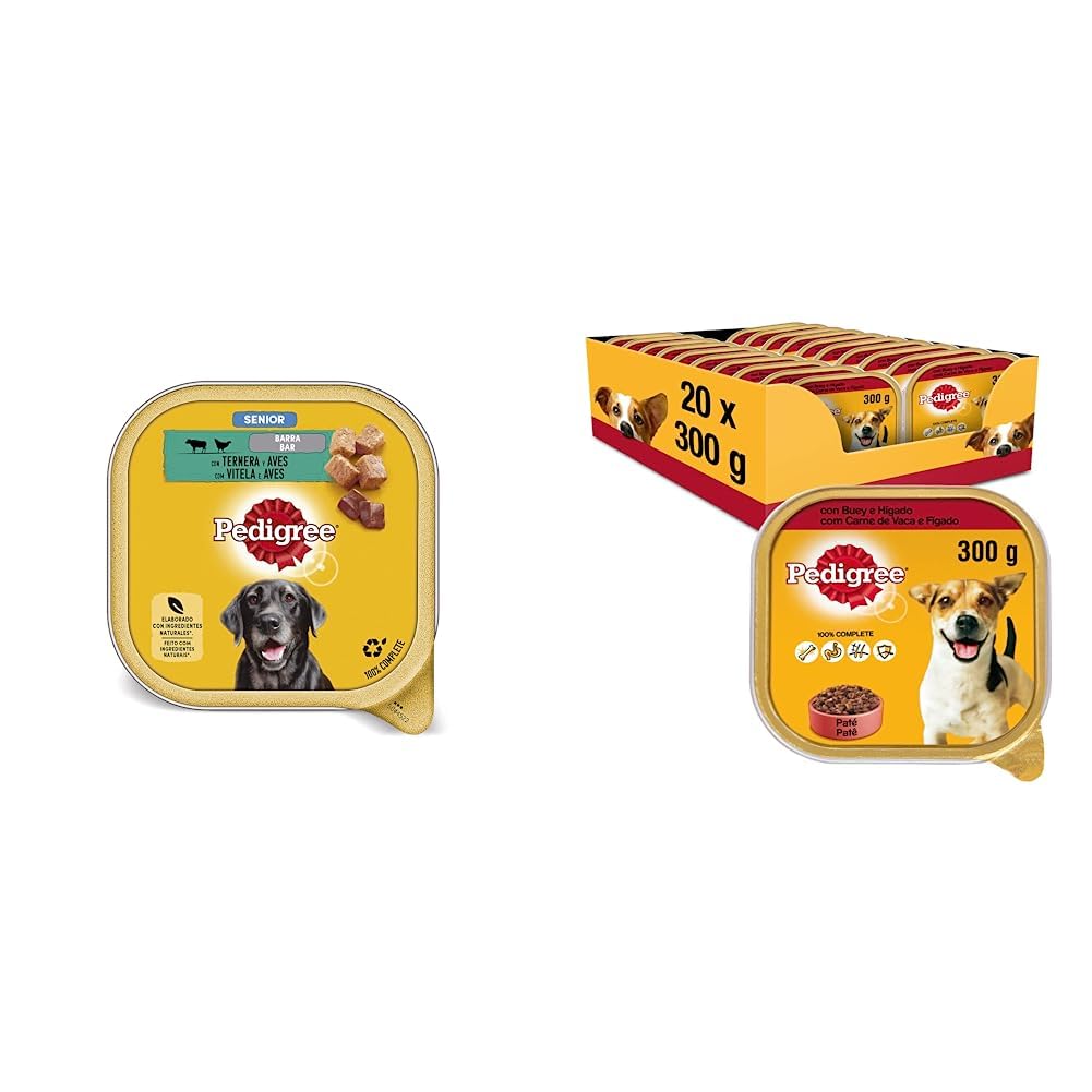 Pedigree Comida Húmeda para Perros Senior, Sabor Ternera y Aves en Paté (Pack de 20 Tarrinas x 300g) & Comida Húmeda para Perros Sabor Buey e Hígado en Paté (Pack de 20 Tarrinas x 300g)