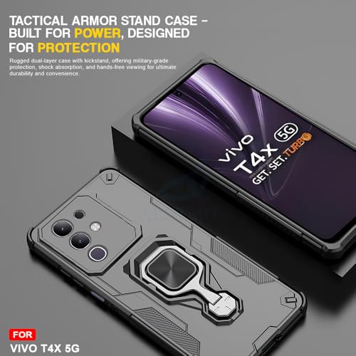 Image of AESTMO Armor Back Cover for Vivo T4X / Z10X / Y31 Pro 5G | Ring Holder & Kickstand & Camera Protection in-Built | 360 Degree Protection Back Case Cover (Black)