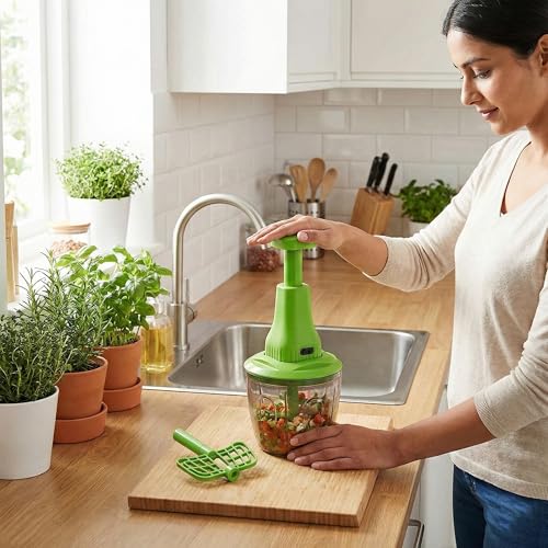 Image of Chopper for Kitchen Use | 1100 ml Round Push Chopper with 5 Blades and Whisker | Chopping Vegetables & Fruits, Onion, Ginger, Garlic, Salad, Tomato, Potato (Green)